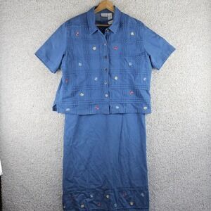 Vintage CLC Denim Embroidered Flower Dress & Overshirt Sz Large Cottage Grandma